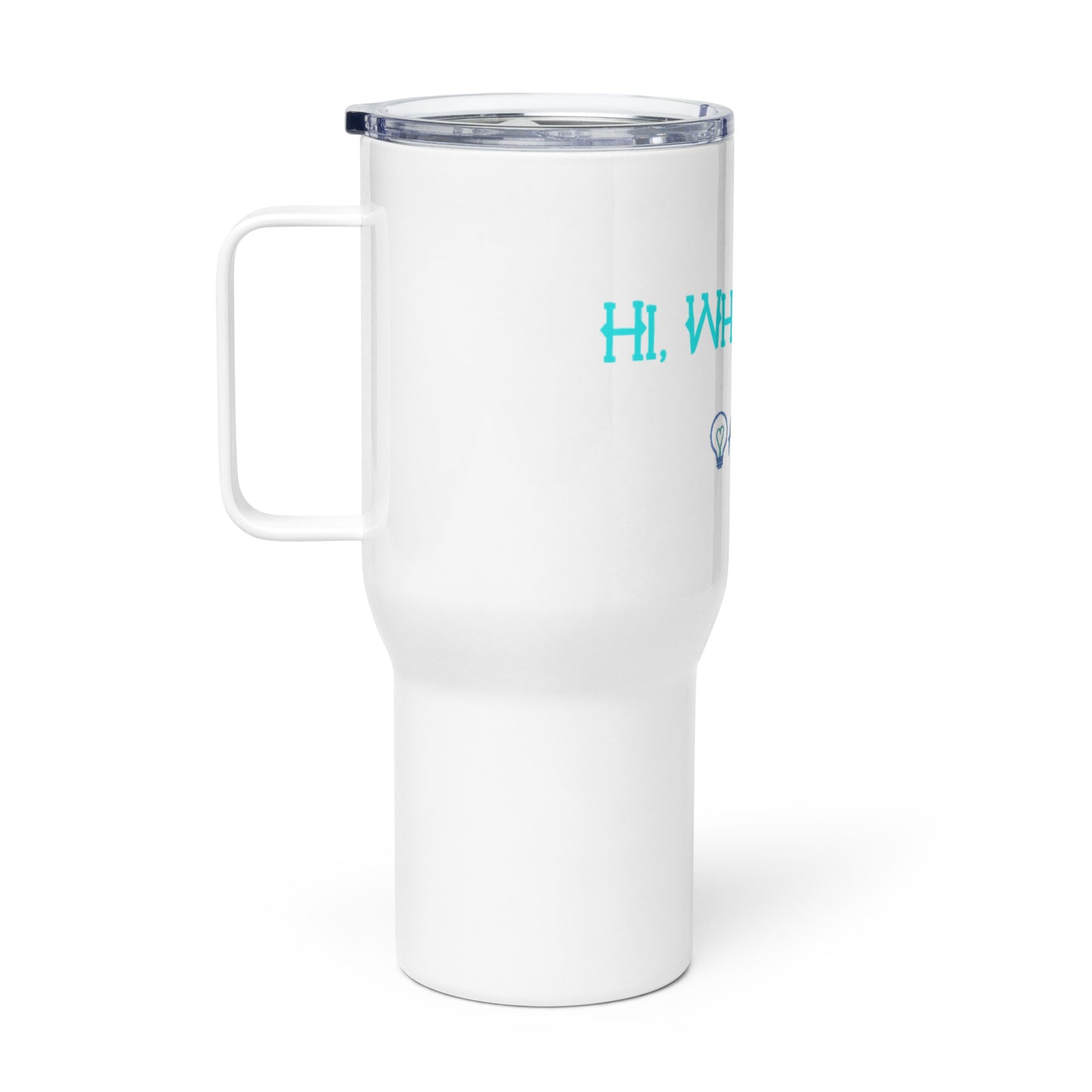 HappyIQ - Hi, Why, Bye - Travel mug with a handle
